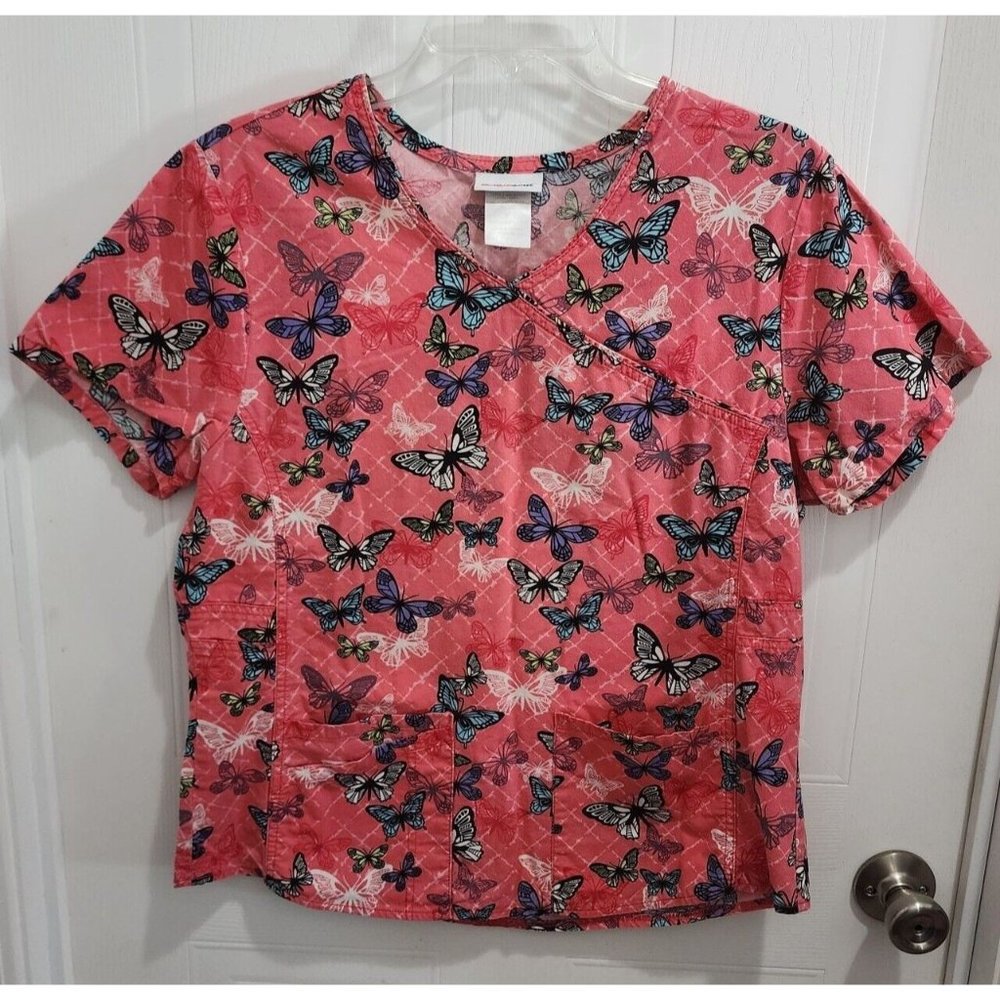Scrubstar Womens Scrub Top Pink Butterflies Print V Neck Size Medium